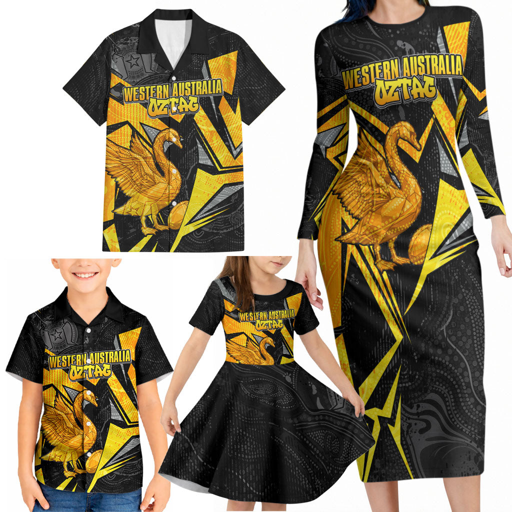 Personalised Western Australia Oztag Swan Family Matching Long Sleeve Bodycon Dress and Hawaiian Shirt Black Gold Geometric Swan Aboriginal