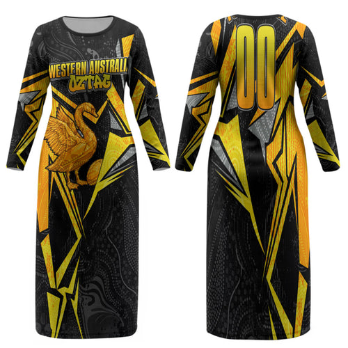 Personalised Western Australia Oztag Swan Family Matching Long Sleeve Bodycon Dress and Hawaiian Shirt Black Gold Geometric Swan Aboriginal