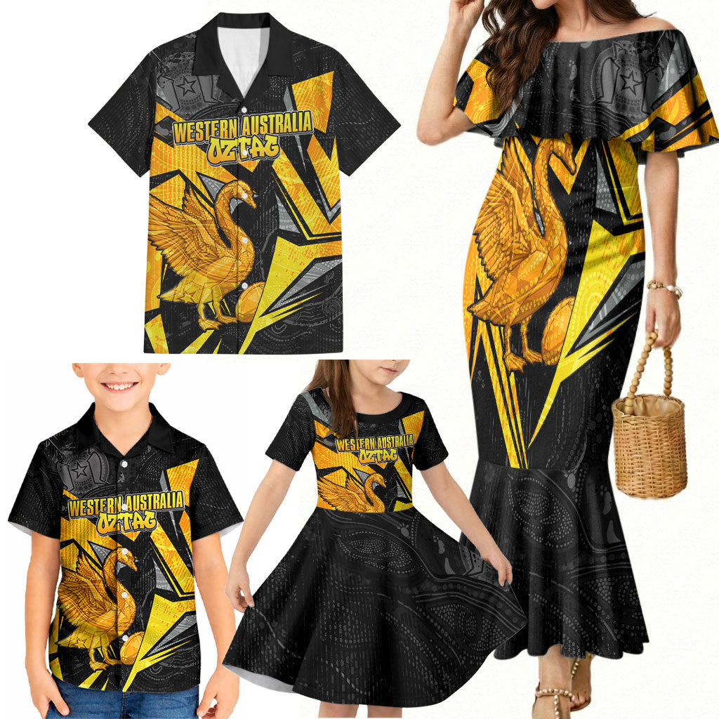 Personalised Western Australia Oztag Swan Family Matching Mermaid Dress and Hawaiian Shirt Black Gold Geometric Swan Aboriginal