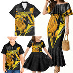 Personalised Western Australia Oztag Swan Family Matching Mermaid Dress and Hawaiian Shirt Black Gold Geometric Swan Aboriginal