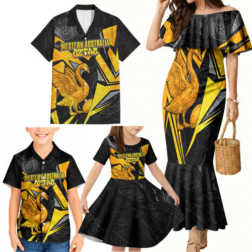 Personalised Western Australia Oztag Swan Family Matching Mermaid Dress and Hawaiian Shirt Black Gold Geometric Swan Aboriginal