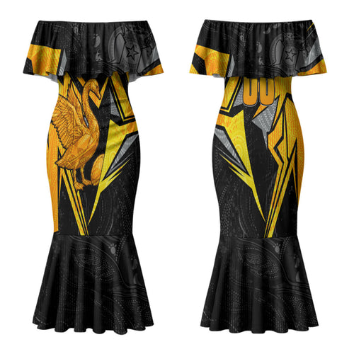 Personalised Western Australia Oztag Swan Family Matching Mermaid Dress and Hawaiian Shirt Black Gold Geometric Swan Aboriginal