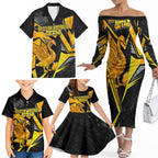 Personalised Western Australia Oztag Swan Family Matching Off The Shoulder Long Sleeve Dress and Hawaiian Shirt Black Gold Geometric Swan Aboriginal
