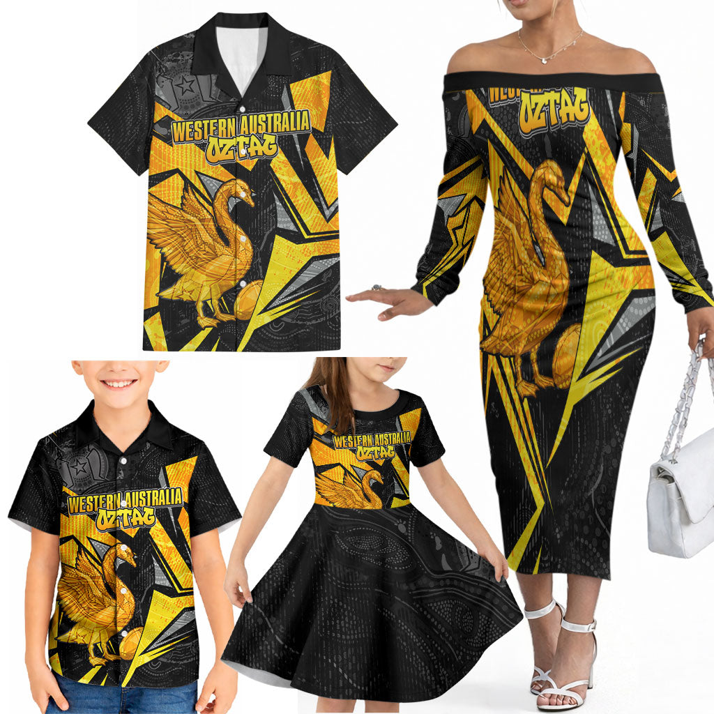 Personalised Western Australia Oztag Swan Family Matching Off The Shoulder Long Sleeve Dress and Hawaiian Shirt Black Gold Geometric Swan Aboriginal