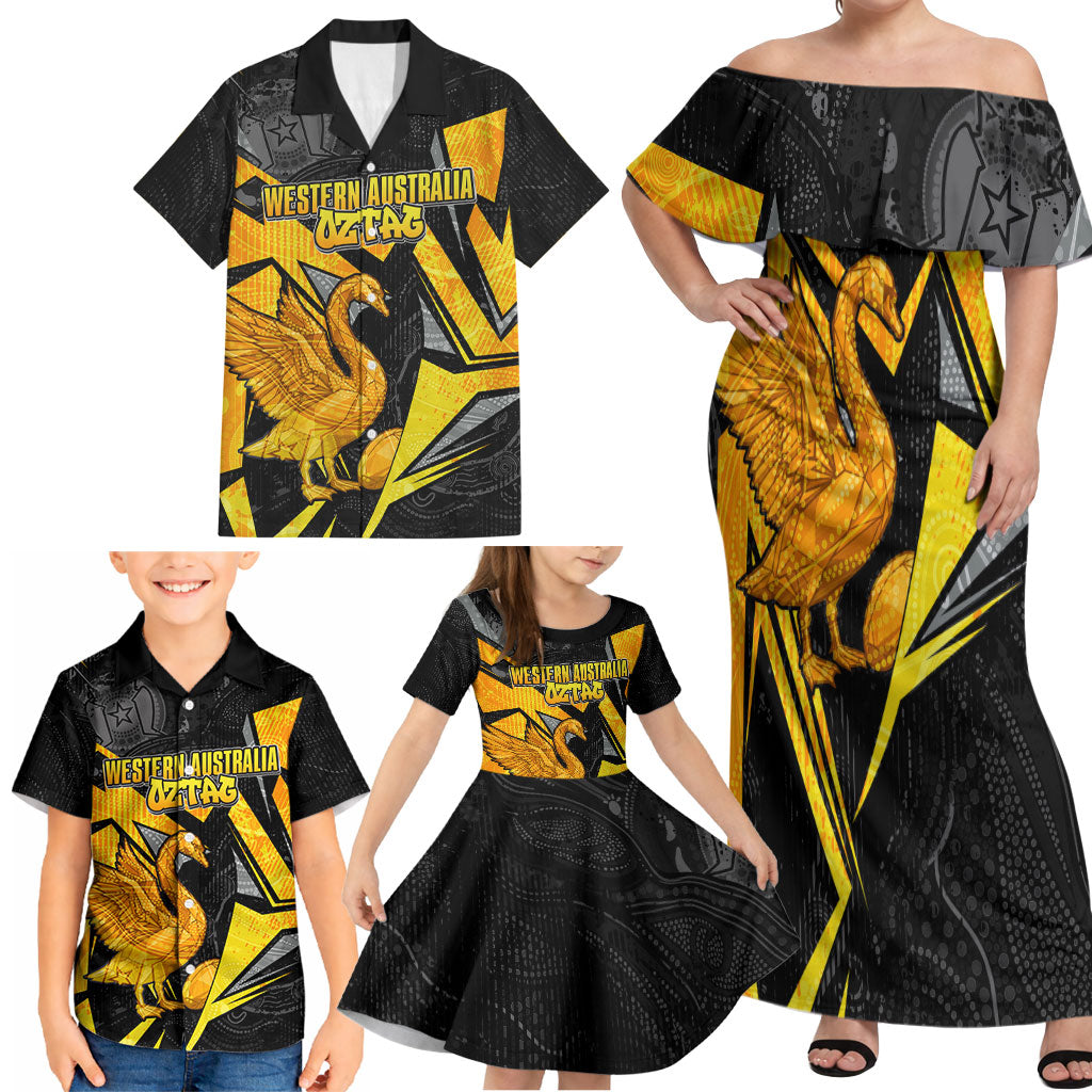 Personalised Western Australia Oztag Swan Family Matching Off Shoulder Maxi Dress and Hawaiian Shirt Black Gold Geometric Swan Aboriginal