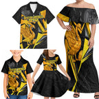 Personalised Western Australia Oztag Swan Family Matching Off Shoulder Maxi Dress and Hawaiian Shirt Black Gold Geometric Swan Aboriginal