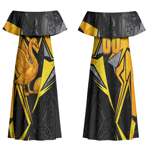 Personalised Western Australia Oztag Swan Family Matching Off Shoulder Maxi Dress and Hawaiian Shirt Black Gold Geometric Swan Aboriginal