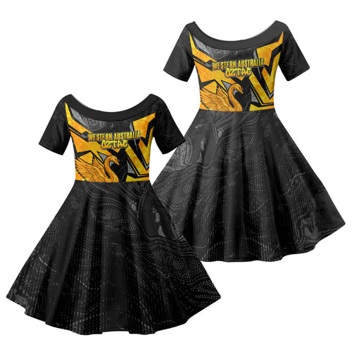 Personalised Western Australia Oztag Swan Family Matching Off Shoulder Maxi Dress and Hawaiian Shirt Black Gold Geometric Swan Aboriginal