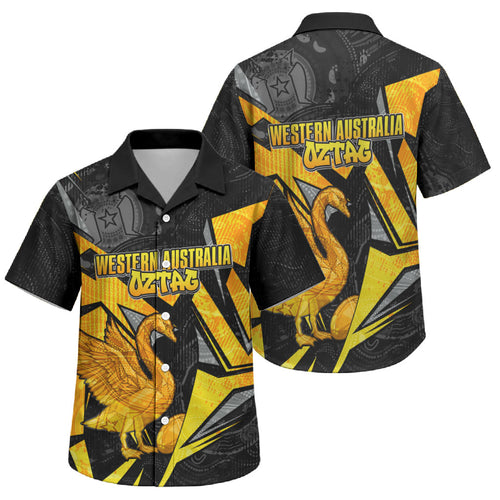 Personalised Western Australia Oztag Swan Family Matching Off Shoulder Maxi Dress and Hawaiian Shirt Black Gold Geometric Swan Aboriginal