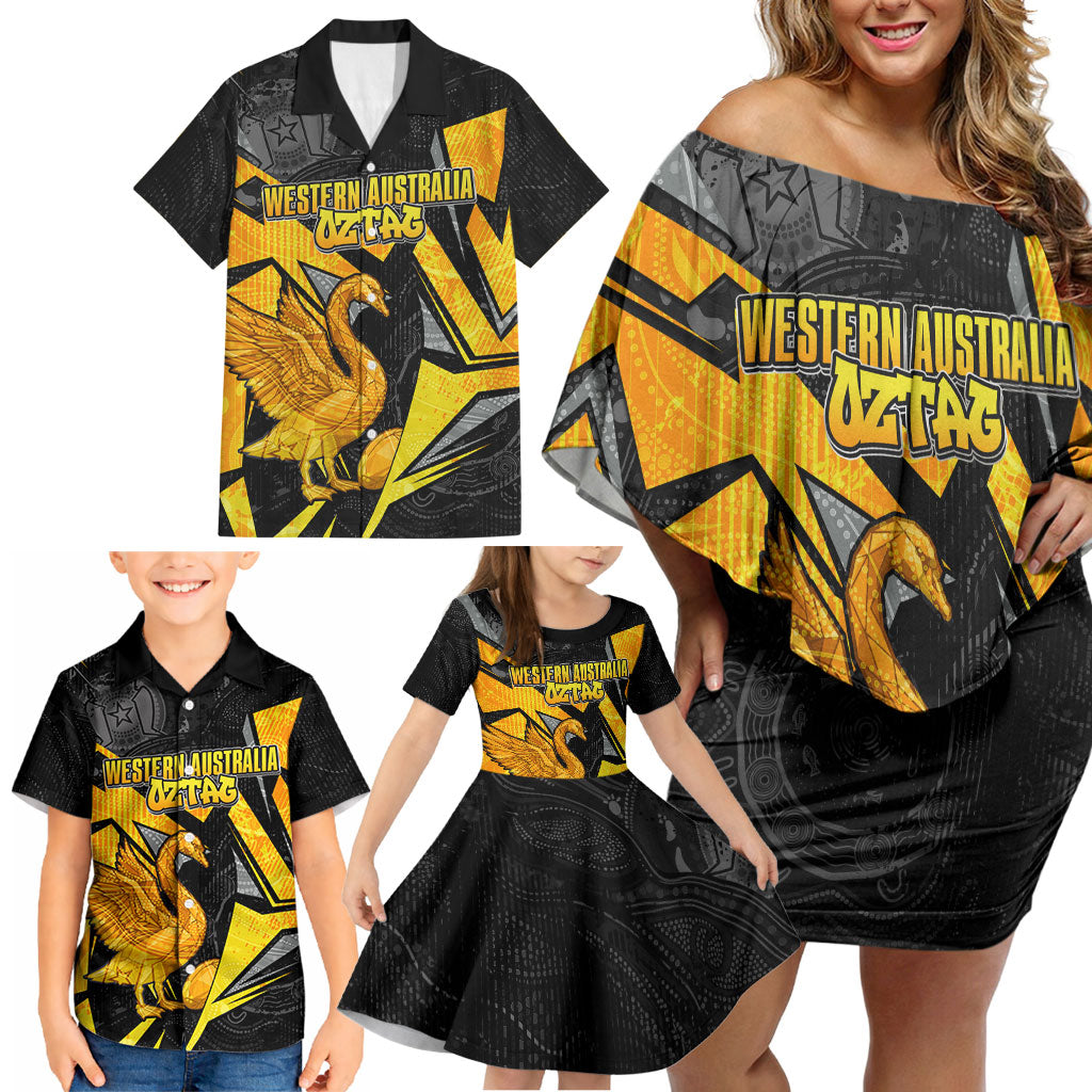 Personalised Western Australia Oztag Swan Family Matching Off Shoulder Short Dress and Hawaiian Shirt Black Gold Geometric Swan Aboriginal