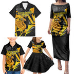 Personalised Western Australia Oztag Swan Family Matching Puletasi and Hawaiian Shirt Black Gold Geometric Swan Aboriginal