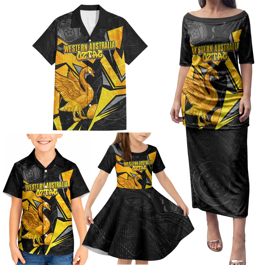 Personalised Western Australia Oztag Swan Family Matching Puletasi and Hawaiian Shirt Black Gold Geometric Swan Aboriginal
