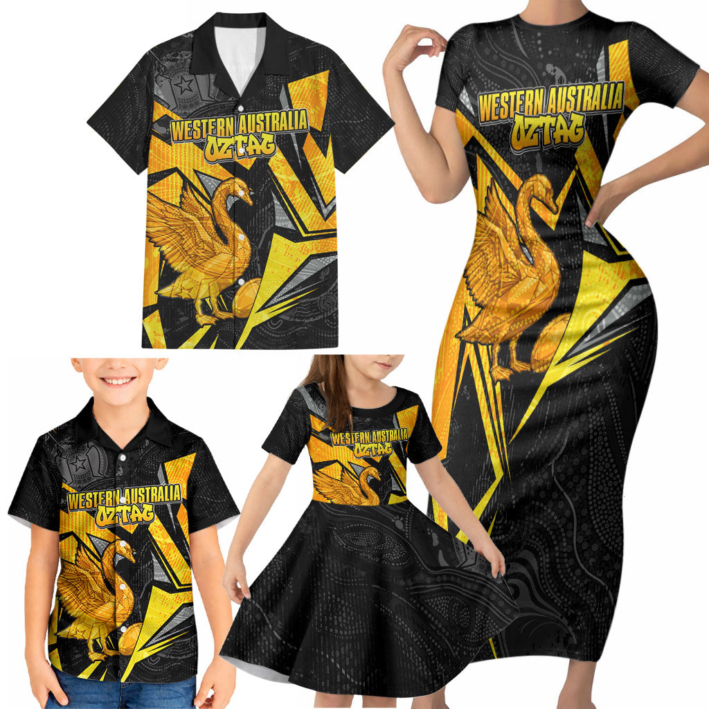 Personalised Western Australia Oztag Swan Family Matching Short Sleeve Bodycon Dress and Hawaiian Shirt Black Gold Geometric Swan Aboriginal