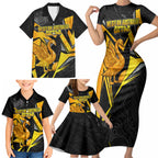 Personalised Western Australia Oztag Swan Family Matching Short Sleeve Bodycon Dress and Hawaiian Shirt Black Gold Geometric Swan Aboriginal