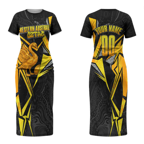 Personalised Western Australia Oztag Swan Family Matching Short Sleeve Bodycon Dress and Hawaiian Shirt Black Gold Geometric Swan Aboriginal