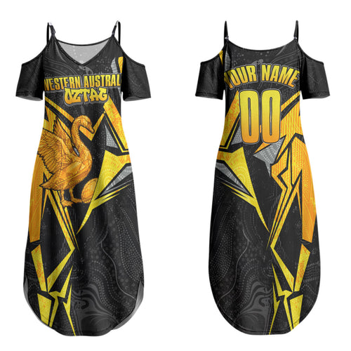 Personalised Western Australia Oztag Swan Family Matching Summer Maxi Dress and Hawaiian Shirt Black Gold Geometric Swan Aboriginal