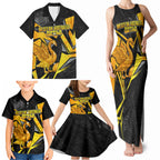 Personalised Western Australia Oztag Swan Family Matching Tank Maxi Dress and Hawaiian Shirt Black Gold Geometric Swan Aboriginal