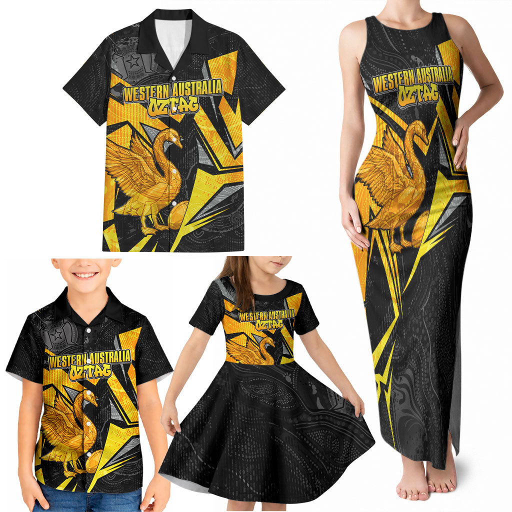 Personalised Western Australia Oztag Swan Family Matching Tank Maxi Dress and Hawaiian Shirt Black Gold Geometric Swan Aboriginal