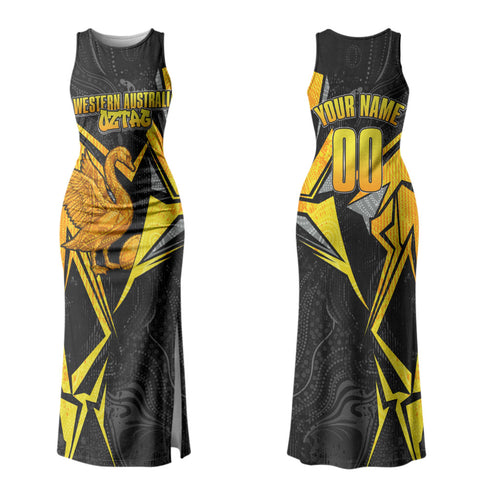 Personalised Western Australia Oztag Swan Family Matching Tank Maxi Dress and Hawaiian Shirt Black Gold Geometric Swan Aboriginal
