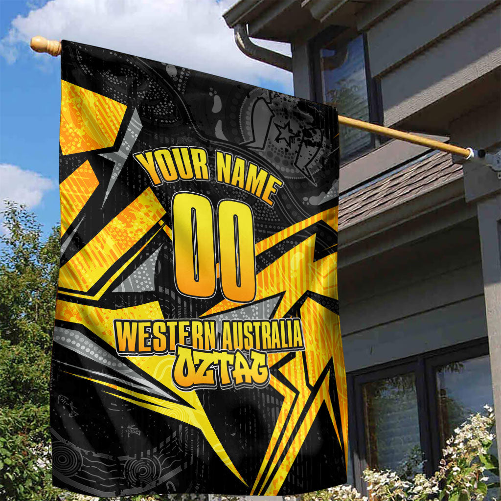 Personalised Western Australia Oztag Swan Garden Flag Black Gold Geometric Swan Aboriginal