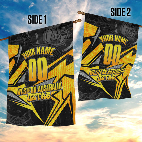 Personalised Western Australia Oztag Swan Garden Flag Black Gold Geometric Swan Aboriginal