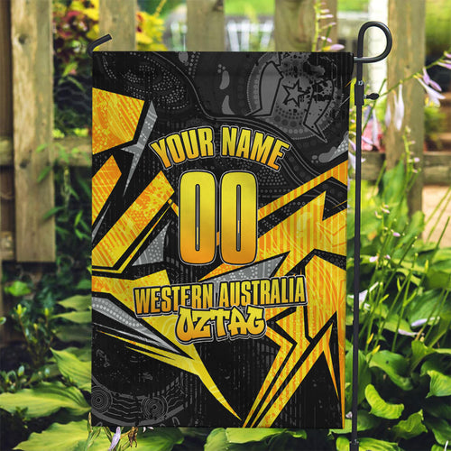 Personalised Western Australia Oztag Swan Garden Flag Black Gold Geometric Swan Aboriginal