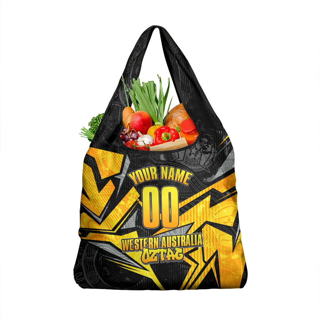 Personalised Western Australia Oztag Swan Grocery Bag Black Gold Geometric Swan Aboriginal