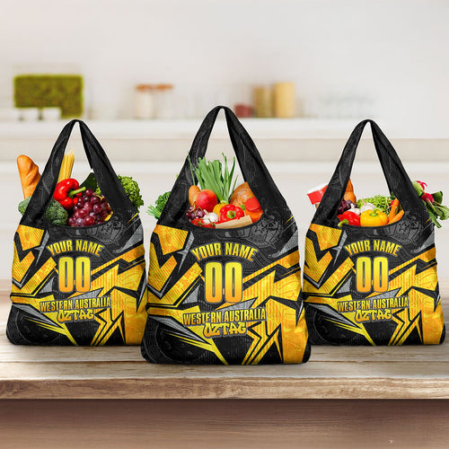 Personalised Western Australia Oztag Swan Grocery Bag Black Gold Geometric Swan Aboriginal