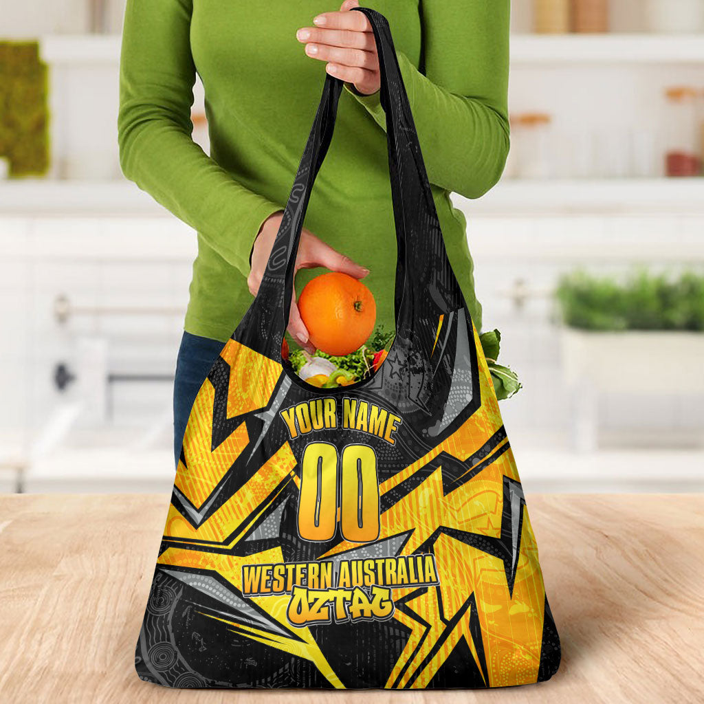 Personalised Western Australia Oztag Swan Grocery Bag Black Gold Geometric Swan Aboriginal
