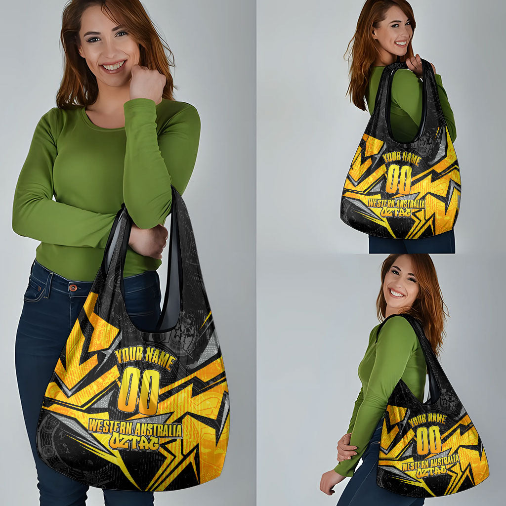 Personalised Western Australia Oztag Swan Grocery Bag Black Gold Geometric Swan Aboriginal