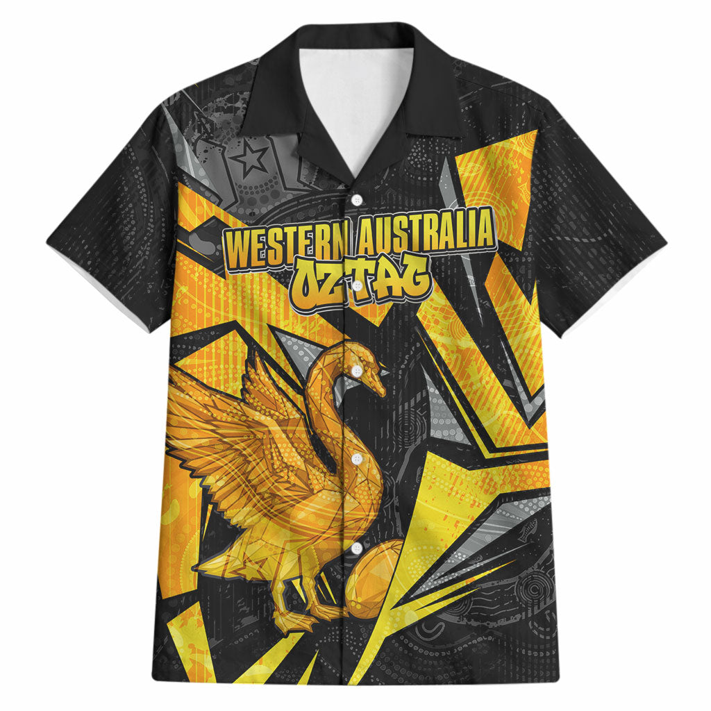 Personalised Western Australia Oztag Swan Hawaiian Shirt Black Gold Geometric Swan Aboriginal