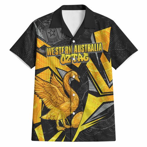 Personalised Western Australia Oztag Swan Hawaiian Shirt Black Gold Geometric Swan Aboriginal