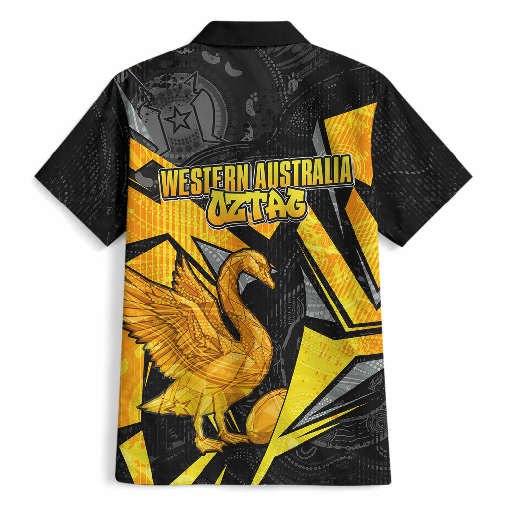 Personalised Western Australia Oztag Swan Hawaiian Shirt Black Gold Geometric Swan Aboriginal