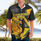 Personalised Western Australia Oztag Swan Hawaiian Shirt Black Gold Geometric Swan Aboriginal