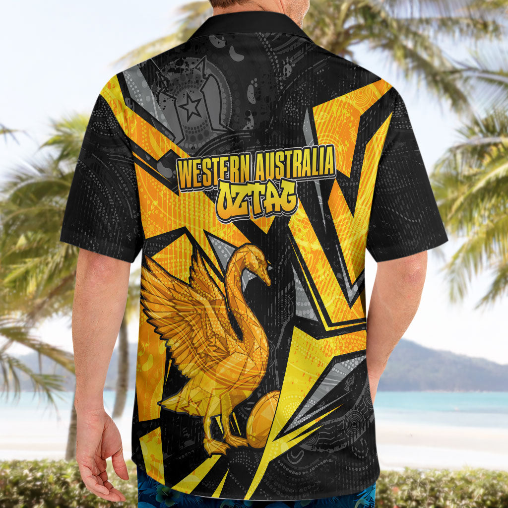 Personalised Western Australia Oztag Swan Hawaiian Shirt Black Gold Geometric Swan Aboriginal