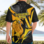 Personalised Western Australia Oztag Swan Hawaiian Shirt Black Gold Geometric Swan Aboriginal