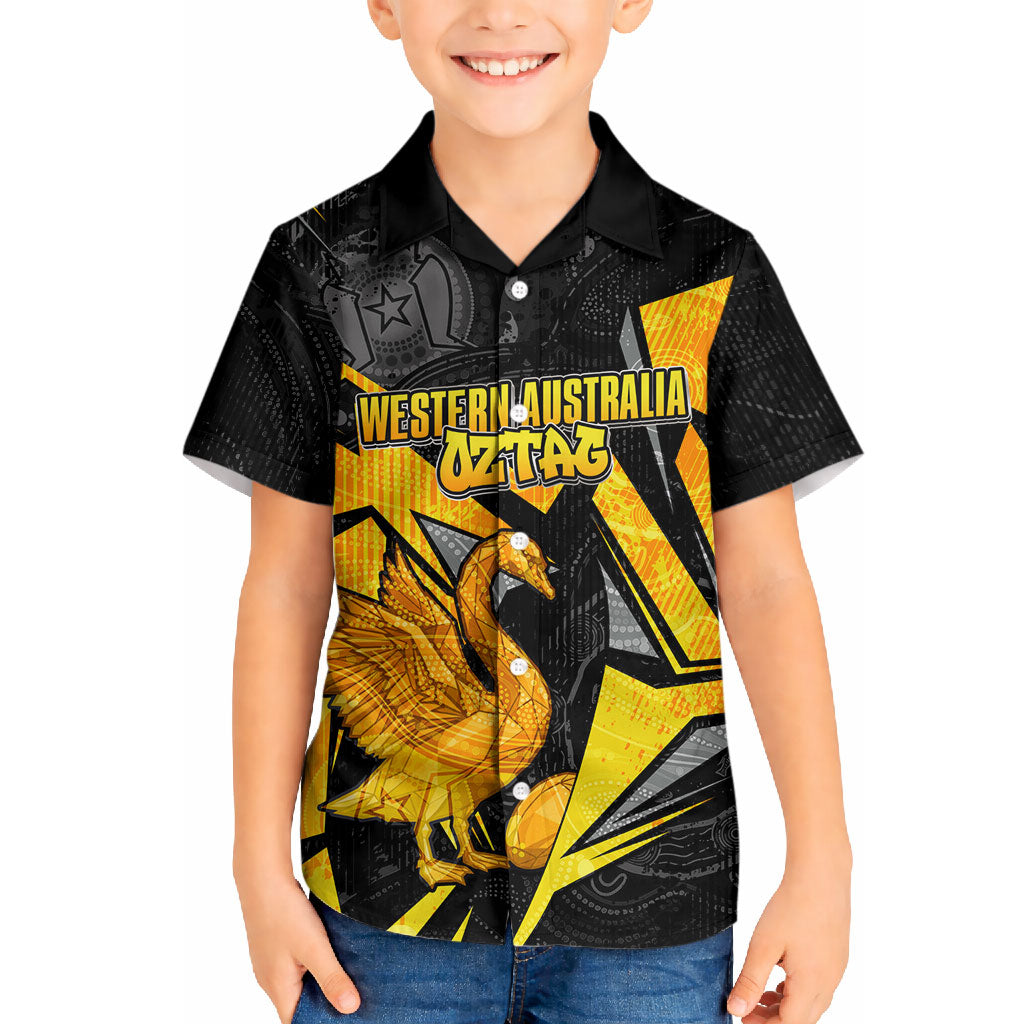 Personalised Western Australia Oztag Swan Hawaiian Shirt Black Gold Geometric Swan Aboriginal