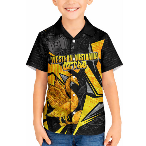 Personalised Western Australia Oztag Swan Hawaiian Shirt Black Gold Geometric Swan Aboriginal