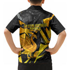 Personalised Western Australia Oztag Swan Hawaiian Shirt Black Gold Geometric Swan Aboriginal