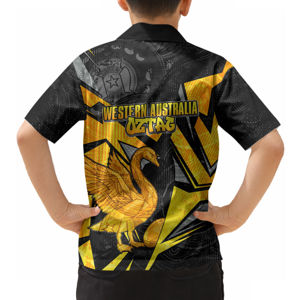 Personalised Western Australia Oztag Swan Hawaiian Shirt Black Gold Geometric Swan Aboriginal