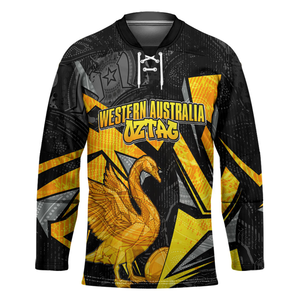 Personalised Western Australia Oztag Swan Hockey Jersey Black Gold Geometric Swan Aboriginal