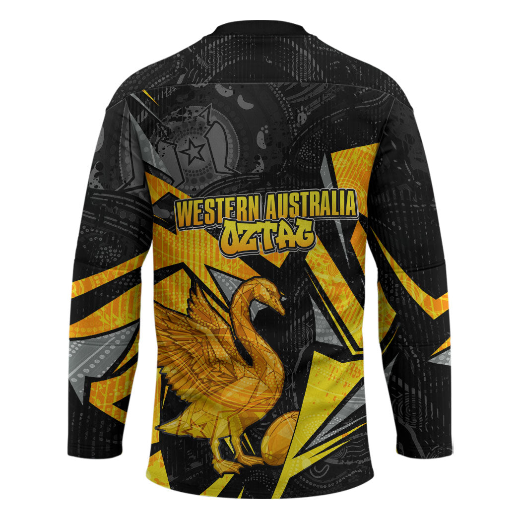 Personalised Western Australia Oztag Swan Hockey Jersey Black Gold Geometric Swan Aboriginal