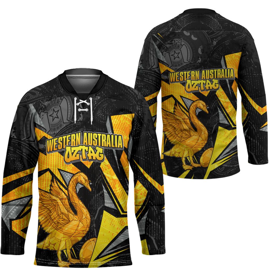 Personalised Western Australia Oztag Swan Hockey Jersey Black Gold Geometric Swan Aboriginal