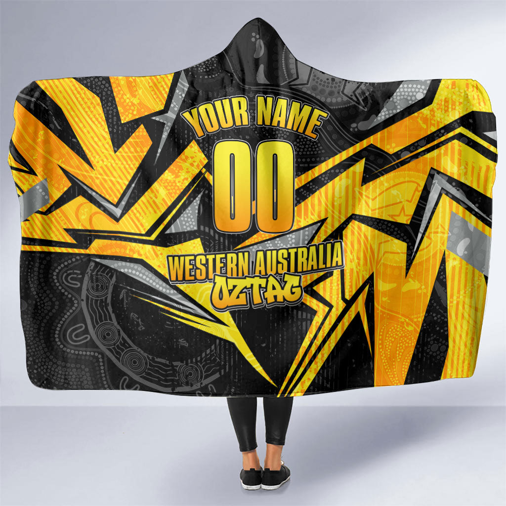 Personalised Western Australia Oztag Swan Hooded Blanket Black Gold Geometric Swan Aboriginal