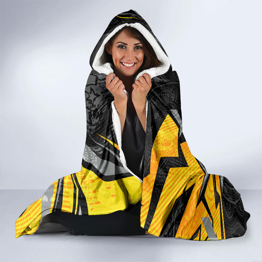 Personalised Western Australia Oztag Swan Hooded Blanket Black Gold Geometric Swan Aboriginal