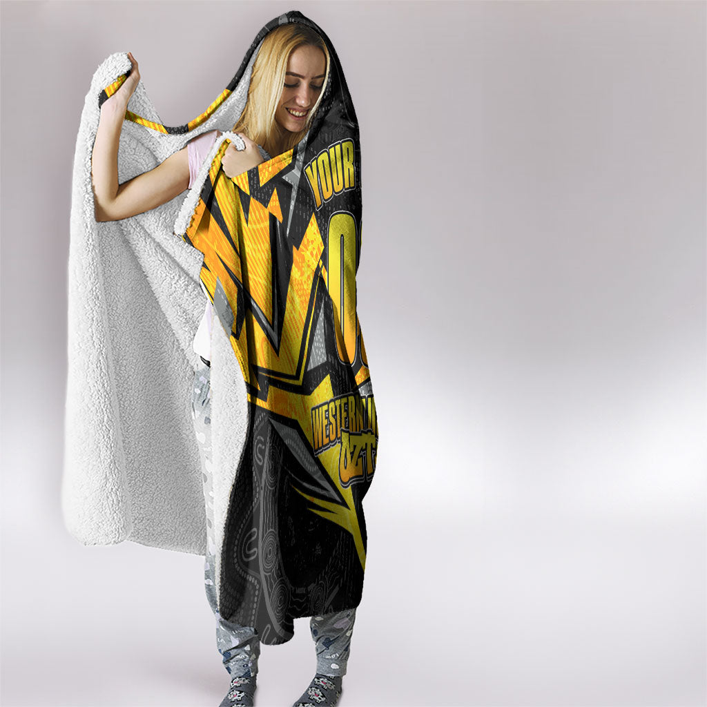 Personalised Western Australia Oztag Swan Hooded Blanket Black Gold Geometric Swan Aboriginal