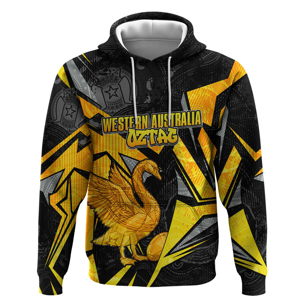 Personalised Western Australia Oztag Swan Hoodie Black Gold Geometric Swan Aboriginal