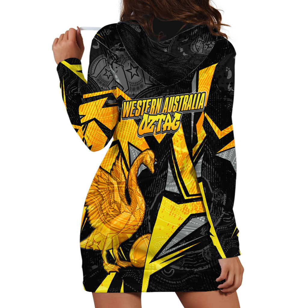 Personalised Western Australia Oztag Swan Hoodie Dress Black Gold Geometric Swan Aboriginal