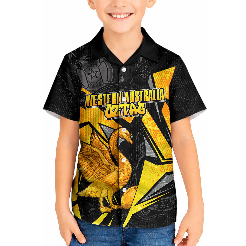 Personalised Western Australia Oztag Swan Kid Hawaiian Shirt Black Gold Geometric Swan Aboriginal