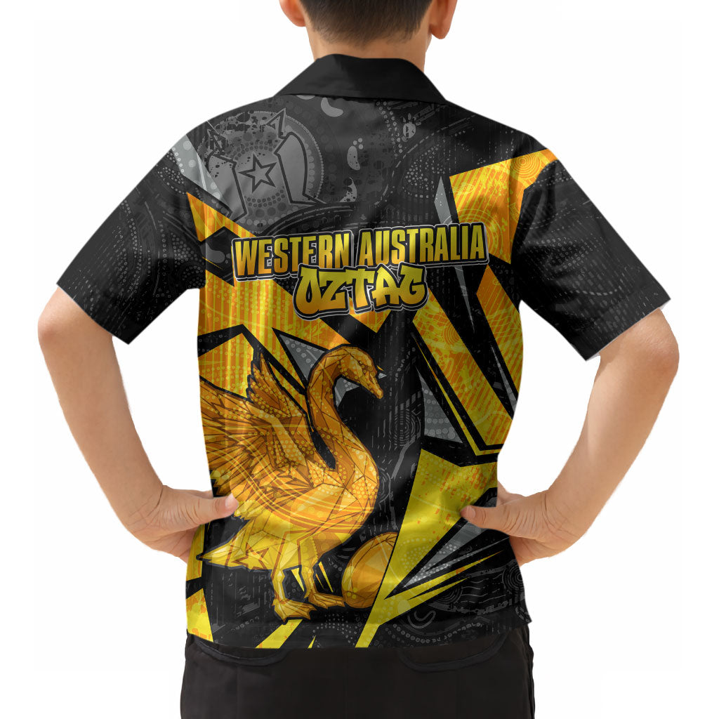 Personalised Western Australia Oztag Swan Kid Hawaiian Shirt Black Gold Geometric Swan Aboriginal